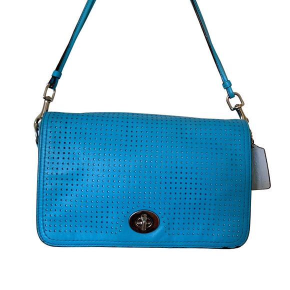 Coach Perforated Vibrant Turquoise Blue Leather Flap Crossbody Shoulder Bag - Picture 15 of 15